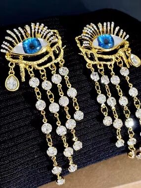 Anthropologie Gold Dangle Eye Earrings with Blue Center and Crystal Chains